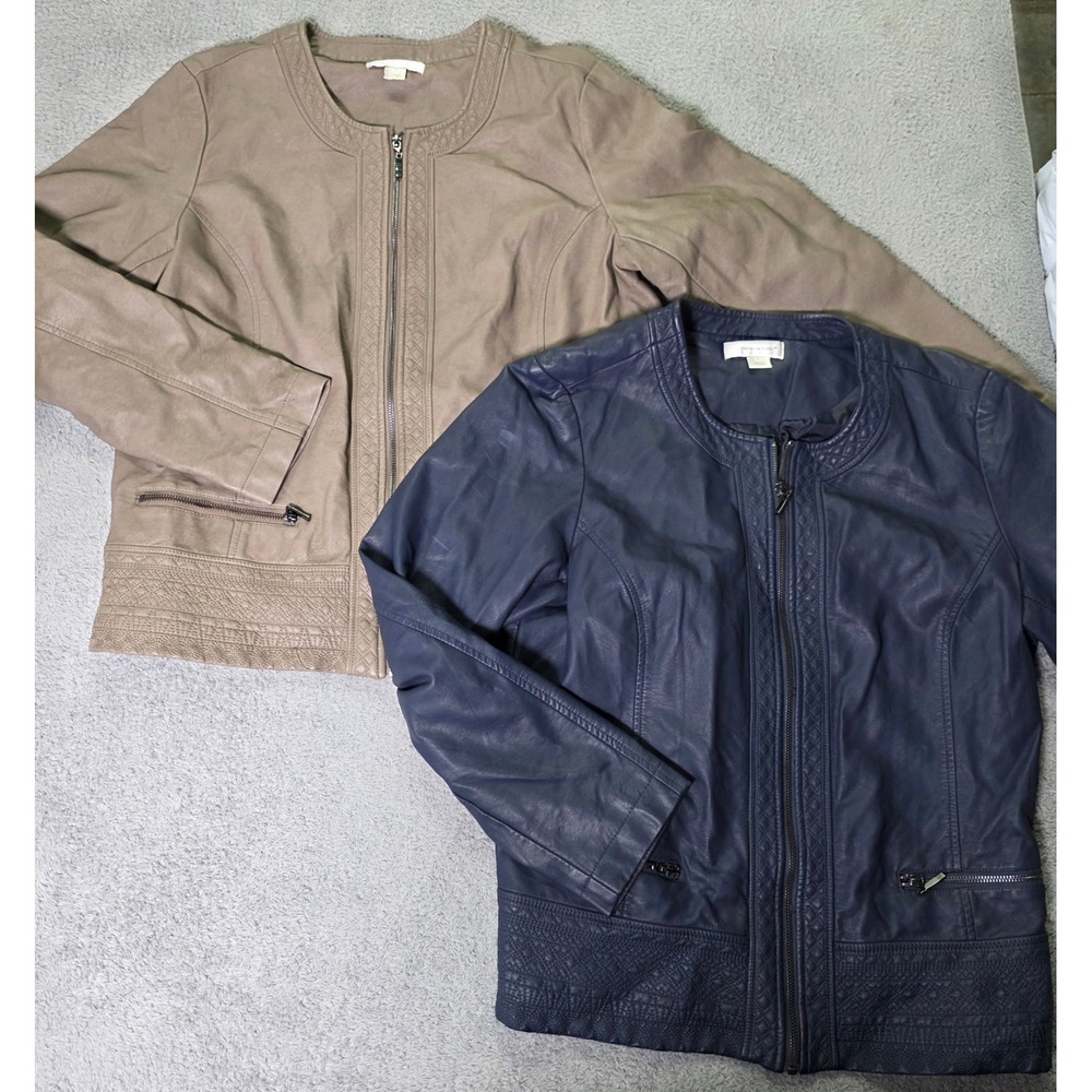 Christopher & Banks Womens L 2pk Faux Leather Jacket Navy Taupe Quilted Zip Moto